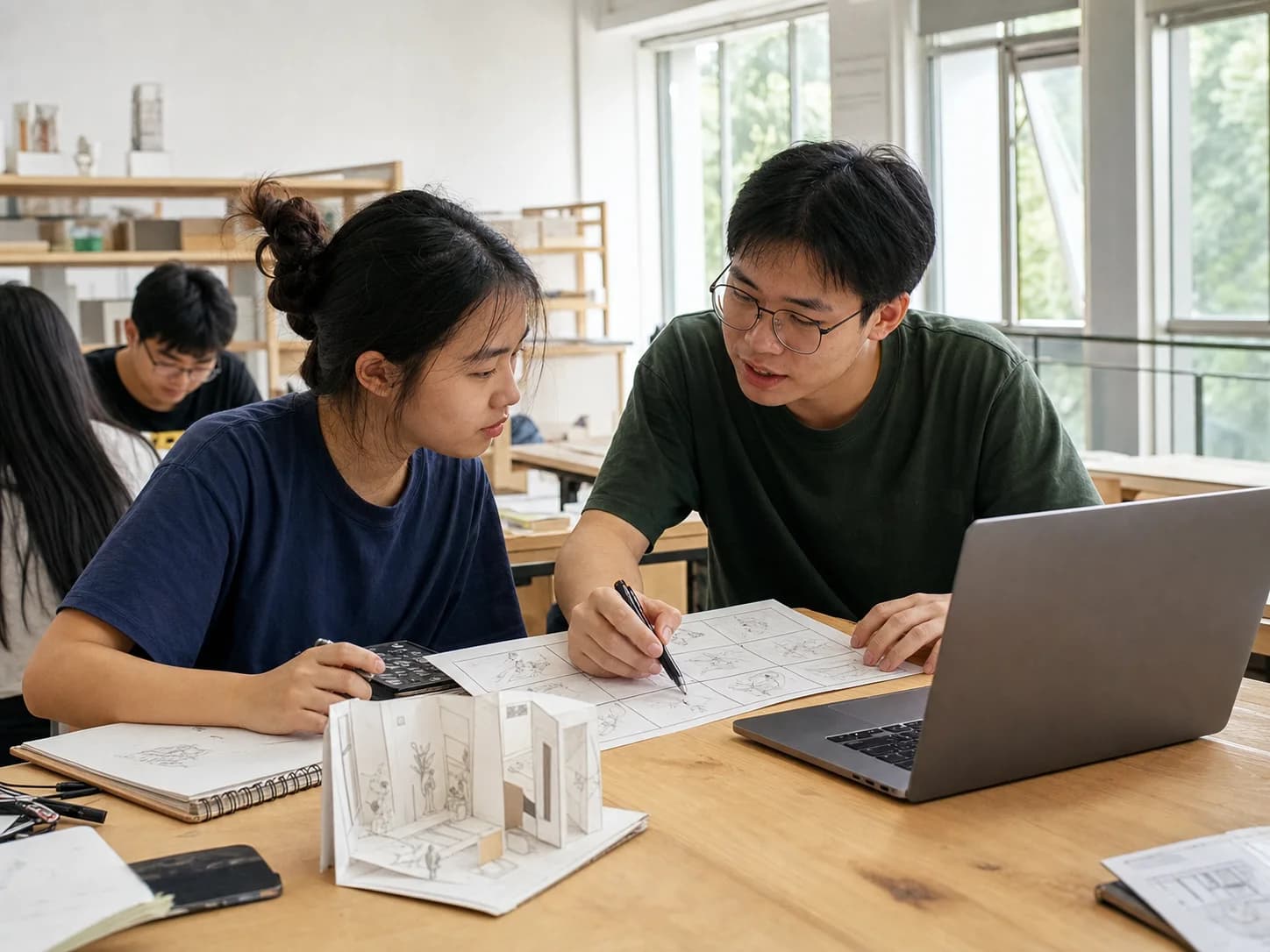 学生围绕电脑讨论并推进作品